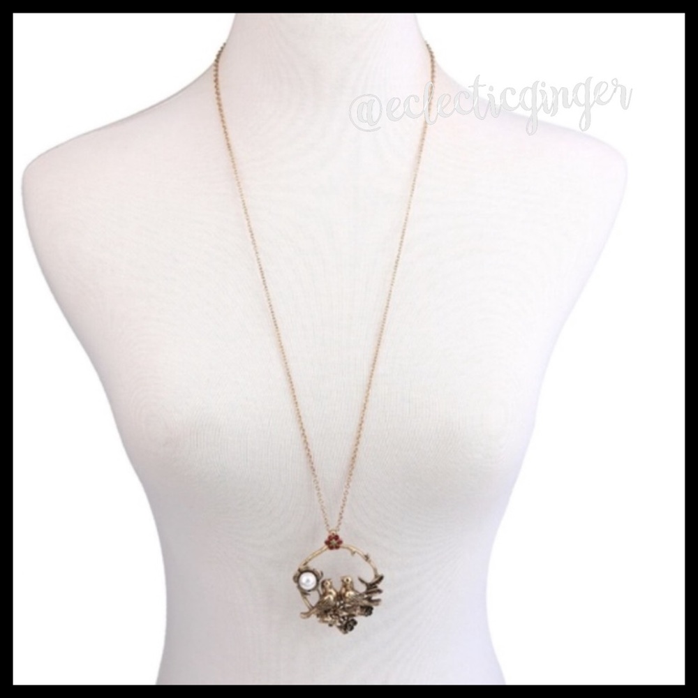 Bronze love birds with pearl 30” necklace - Picture 3 of 5